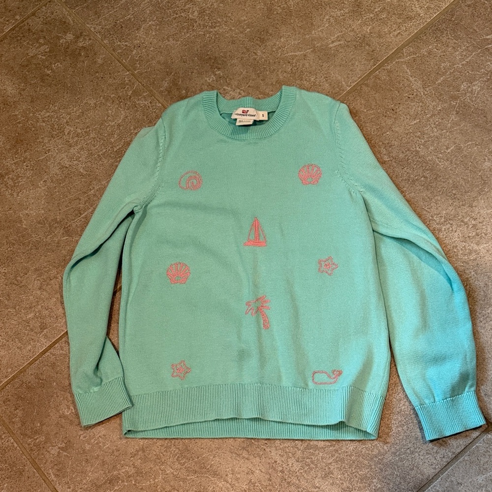 Vineyard Vines Aqua Sweater with Pink Embroidery
